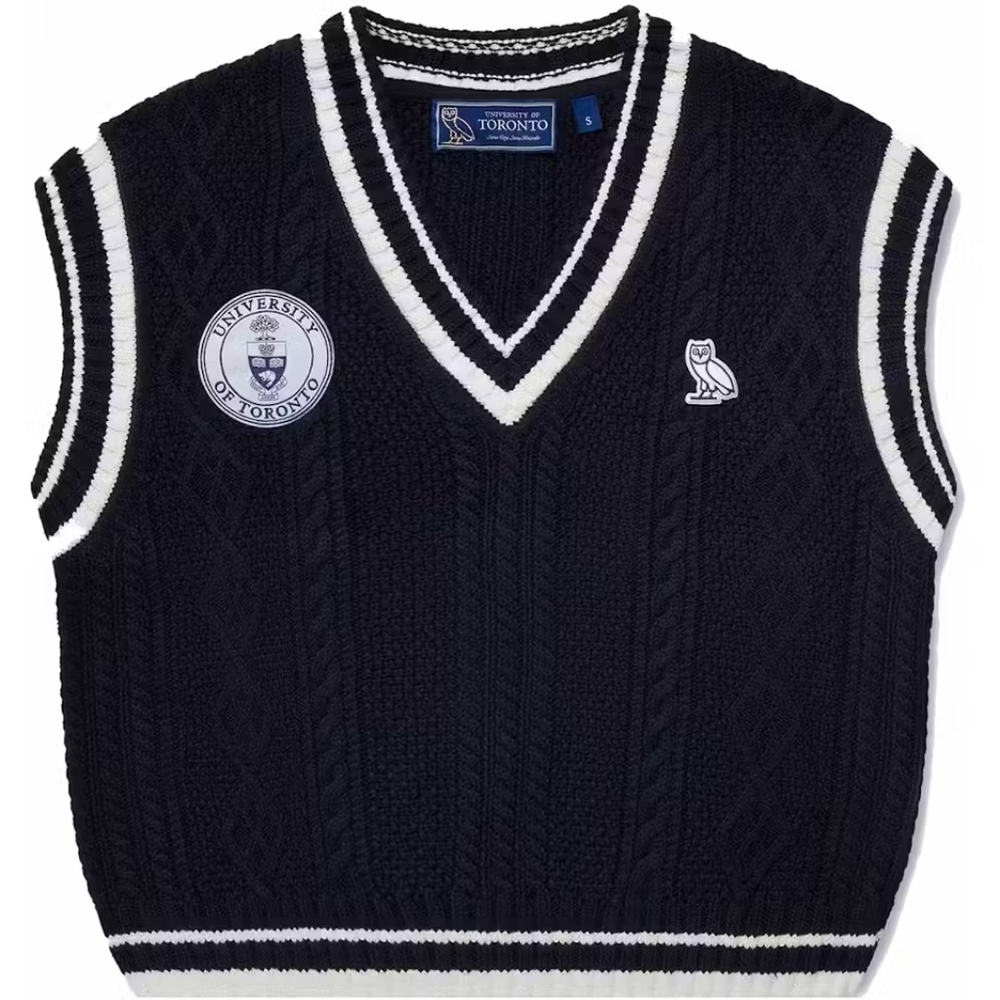 OVO x UofT Women's Cable Knit Sweater Vest Navy White 100% Cotton Large - Picture 2 of 8